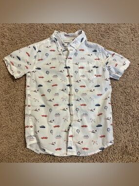 Janie and Jack White Button-Down Red Navy Prints size 5 cruise planes dog travel